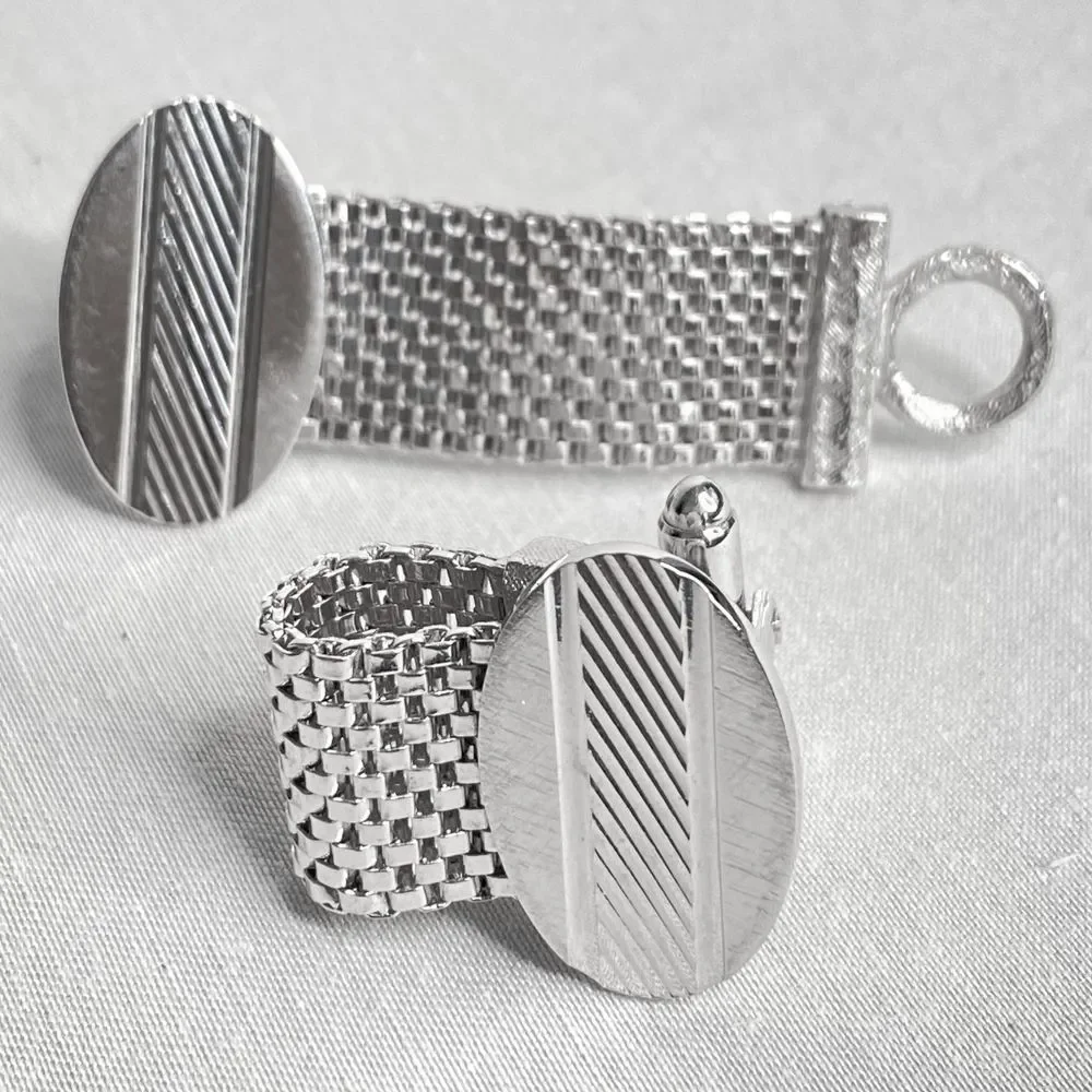 💎Silver Tone Mesh Wrap Oval Etched Cufflinks Men’s Vintage Designer